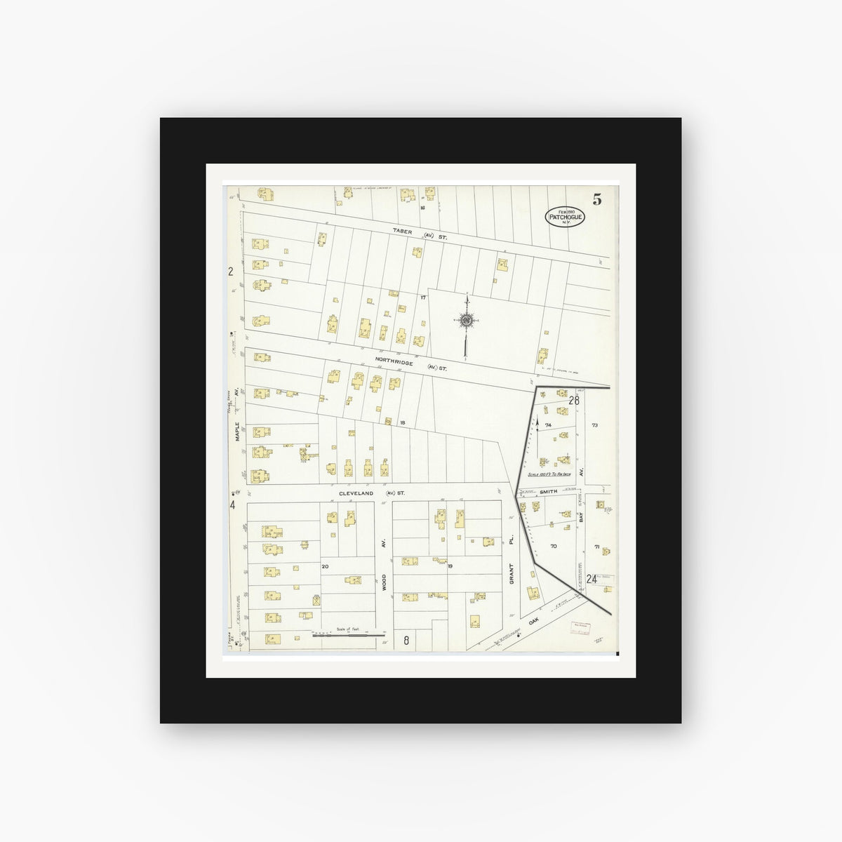 Old map wall art mockup — black gallery frame with white mat — Sanborn Fire Insurance Map from Patchogue, Suffolk County, New York (1910), Sheet #0005