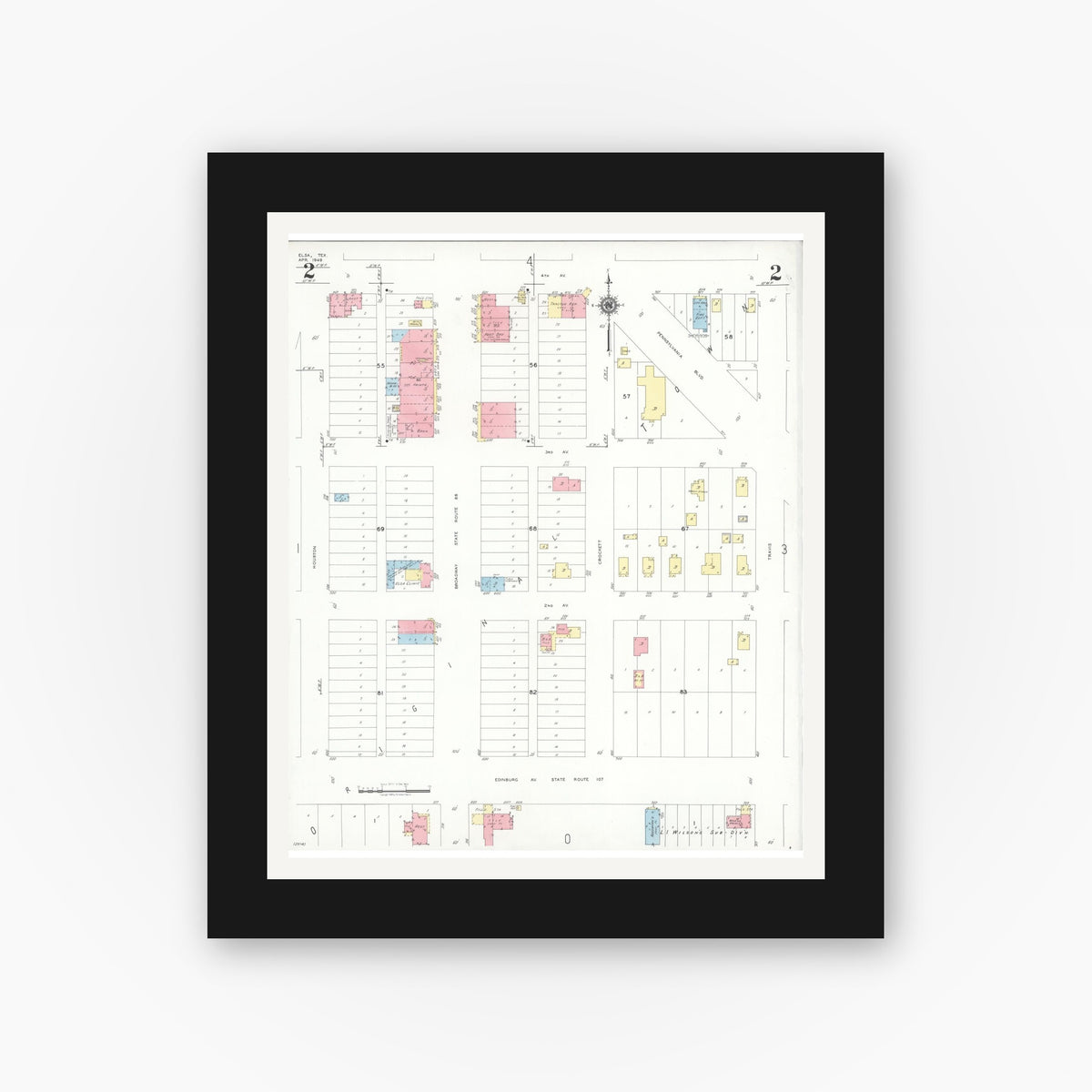 Old map wall art mockup — black gallery frame with white mat — Sanborn Fire Insurance Map from Elsa, Hidalgo County, Texas (1949), Sheet #0002
