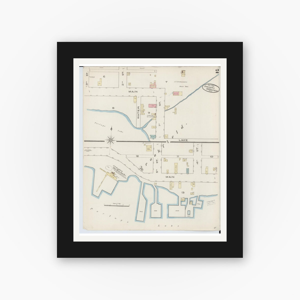 Old map wall art mockup — black gallery frame with white mat — Sanborn Fire Insurance Map from Onekama, Manistee County, Michigan (1885), Sheet #0002