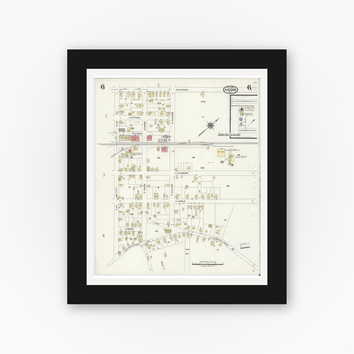 Old map wall art mockup — black gallery frame with white mat — Sanborn Fire Insurance Map from Ahoskie, Hertford County, North Carolina (1923), Sheet #0006