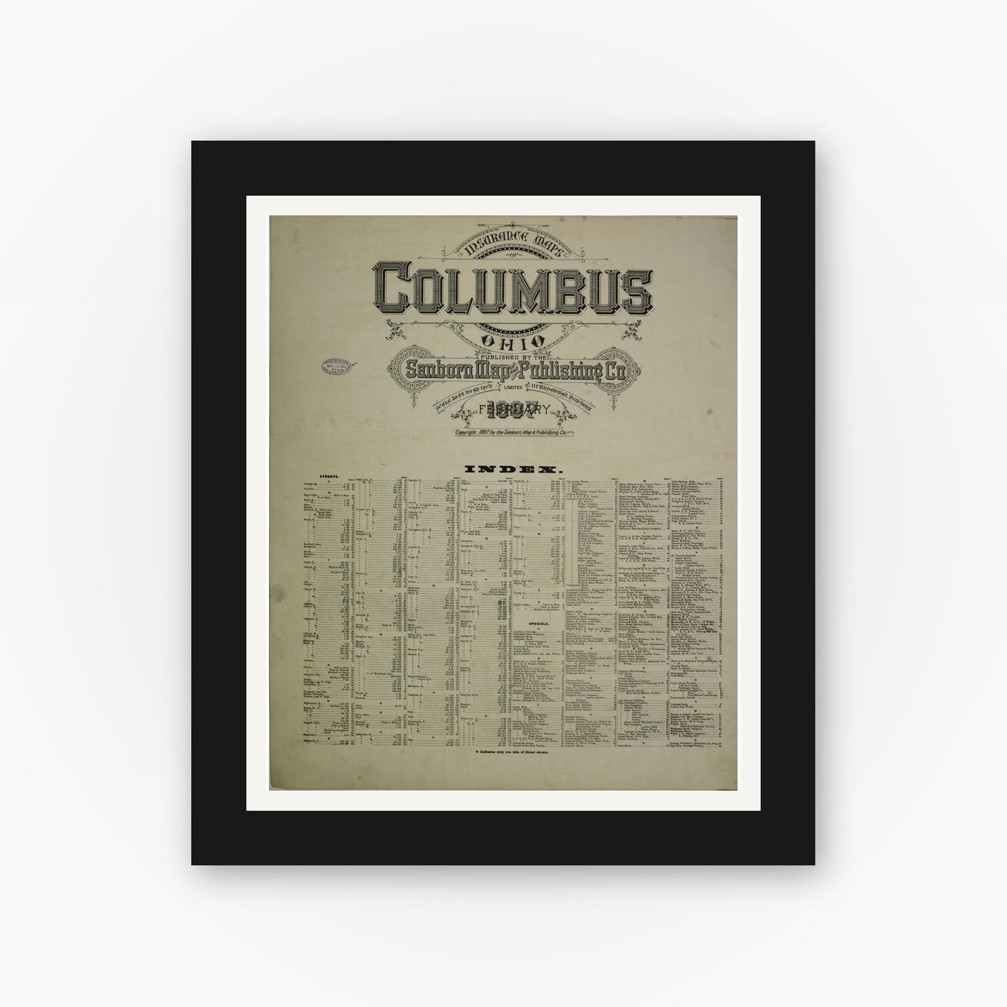 Old map wall art mockup — black gallery frame with white mat — Sanborn Fire Insurance Map from Columbus, Franklin County, Ohio (1887), Sheet #0001
