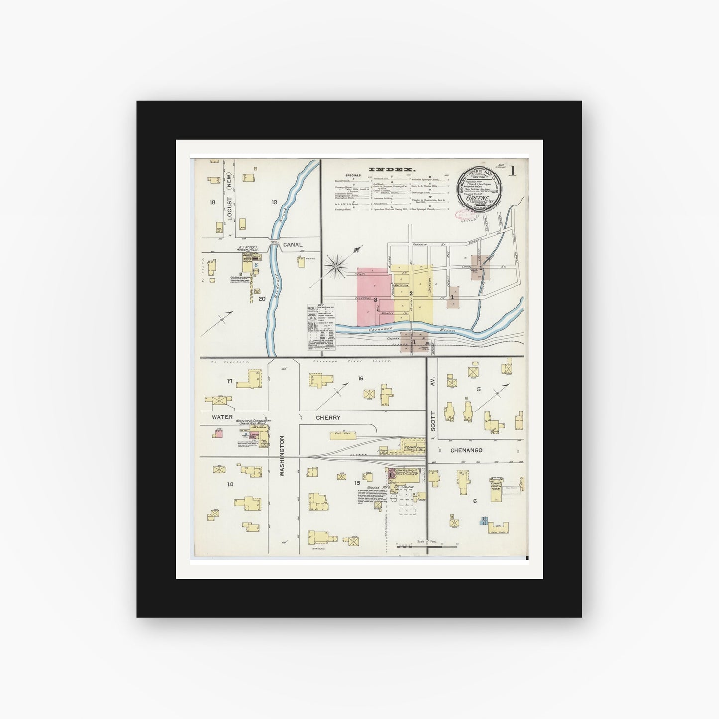 Old map wall art mockup — black gallery frame with white mat — Sanborn Fire Insurance Map from Greene, Chenango County, New York (1892) - Complete Map Set