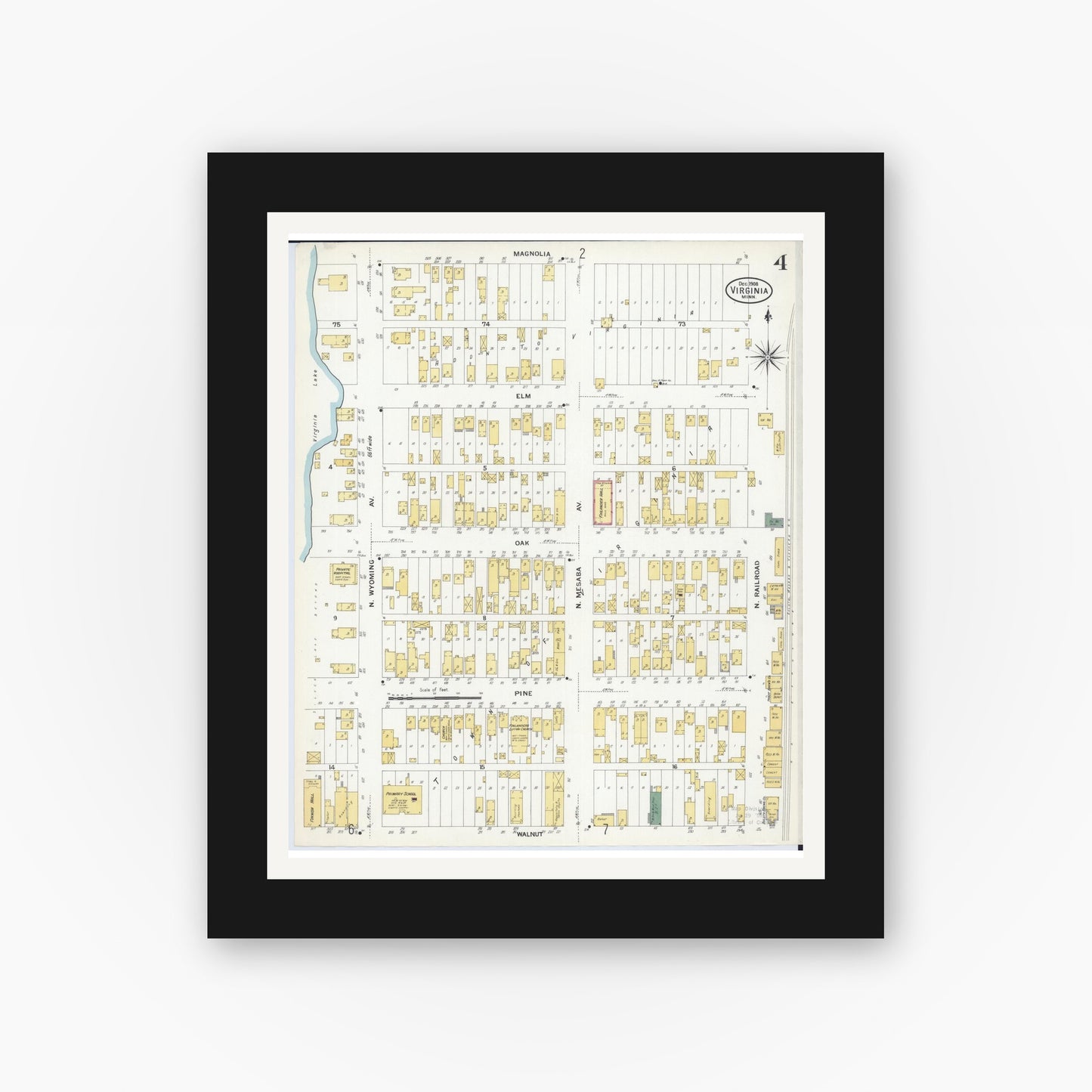 Old map wall art mockup — black gallery frame with white mat — Sanborn Fire Insurance Map from Virginia, Saint Louis County, Minnesota (1908), Sheet #0004