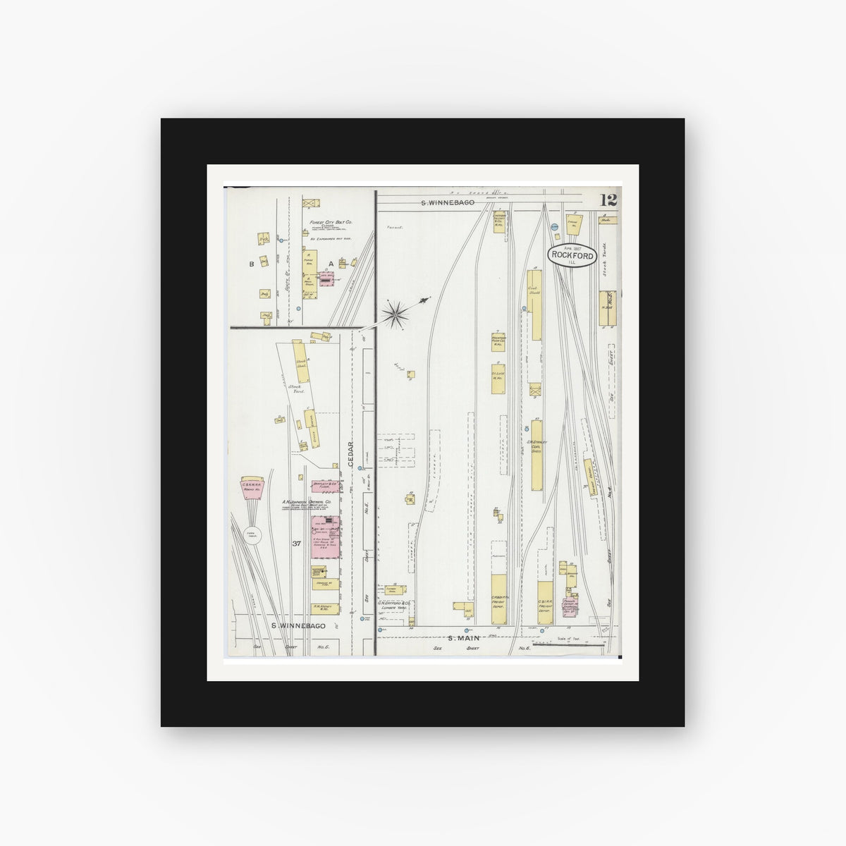 Old map wall art mockup — black gallery frame with white mat — Sanborn Fire Insurance Map from Rockford, Winnebago County, Illinois (1887), Sheet #0012