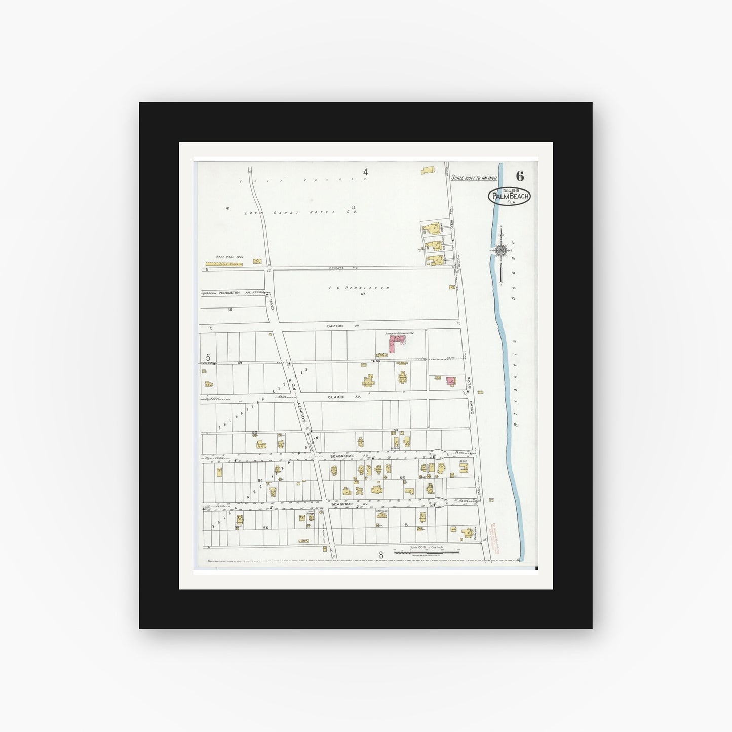 Old map wall art mockup — black gallery frame with white mat — Sanborn Fire Insurance Map from Palm Beach, Palm Beach County, Florida (1919), Sheet #0006