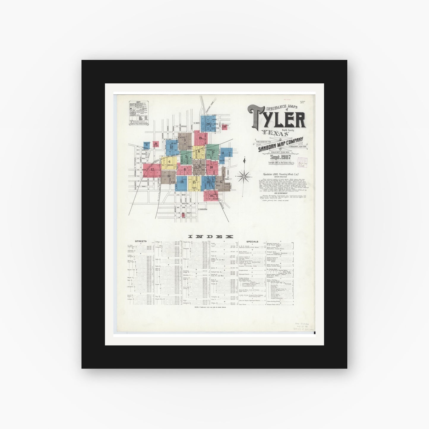 Old map wall art mockup — black gallery frame with white mat — Sanborn Fire Insurance Map from Tyler, Smith County, Texas (1907), Sheet #0001