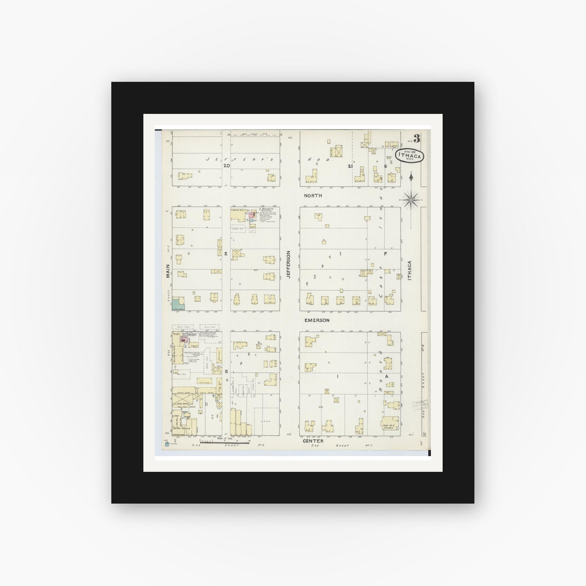 Old map wall art mockup — black gallery frame with white mat — Sanborn Fire Insurance Map from Ithaca, Gratiot County, Michigan (1891), Sheet #0003