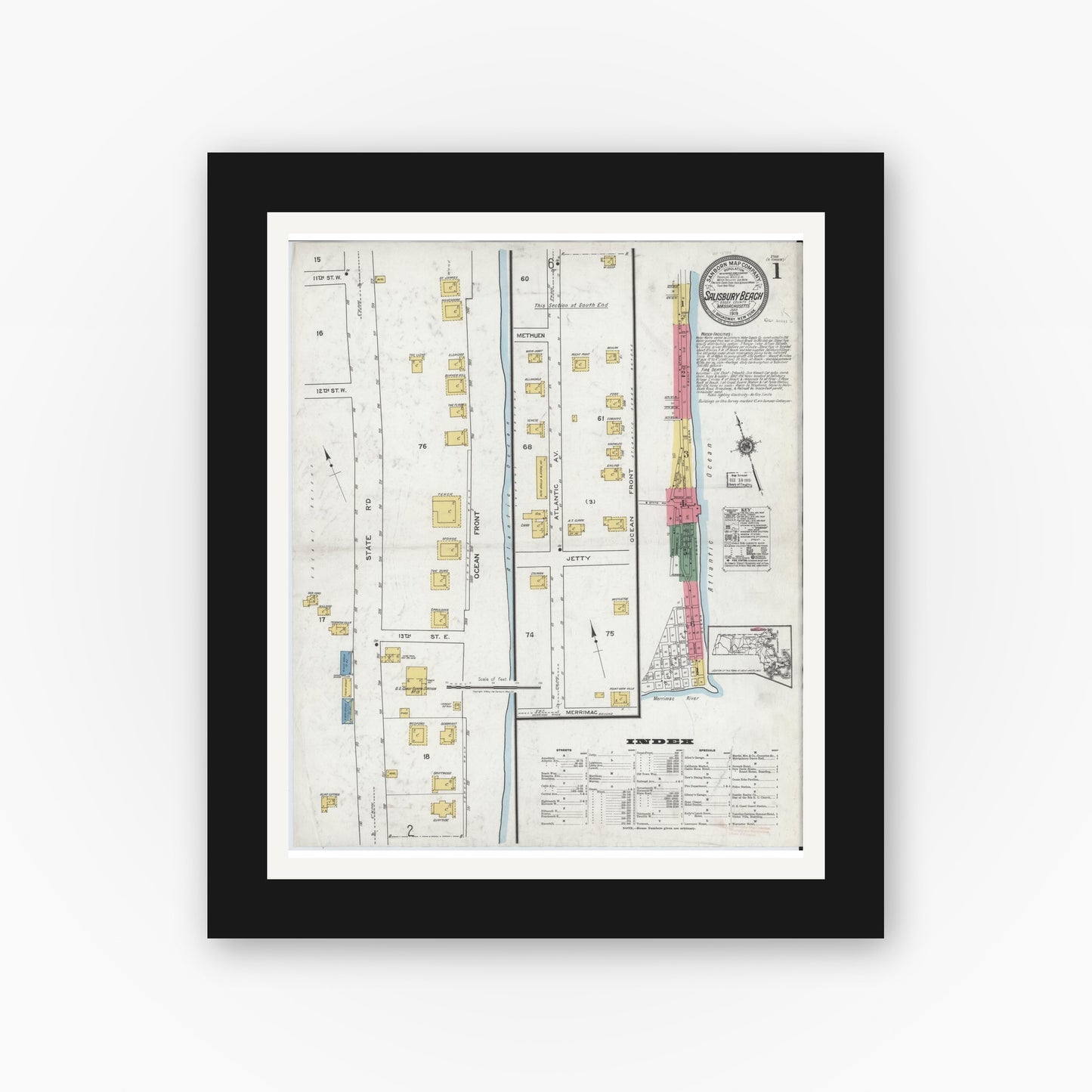 Old map wall art mockup — black gallery frame with white mat — Sanborn Fire Insurance Map from Salisbury, Essex County, Massachusetts (1919), Sheet #0001