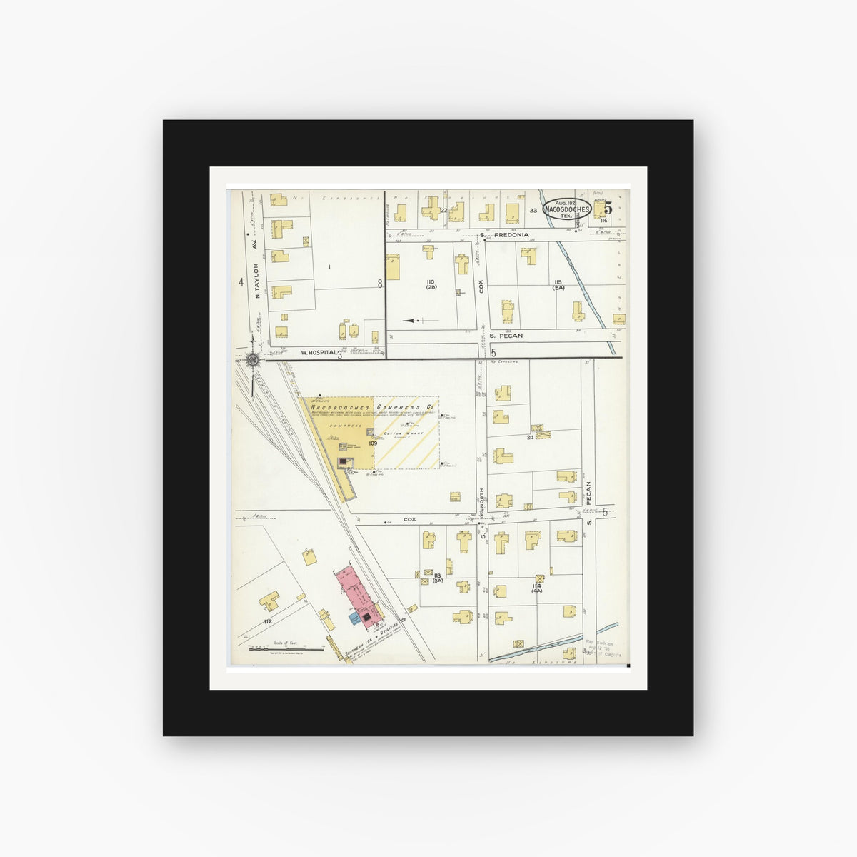 Old map wall art mockup — black gallery frame with white mat — Sanborn Fire Insurance Map from Nacogdoches, Nacogdoches County, Texas (1921), Sheet #0005