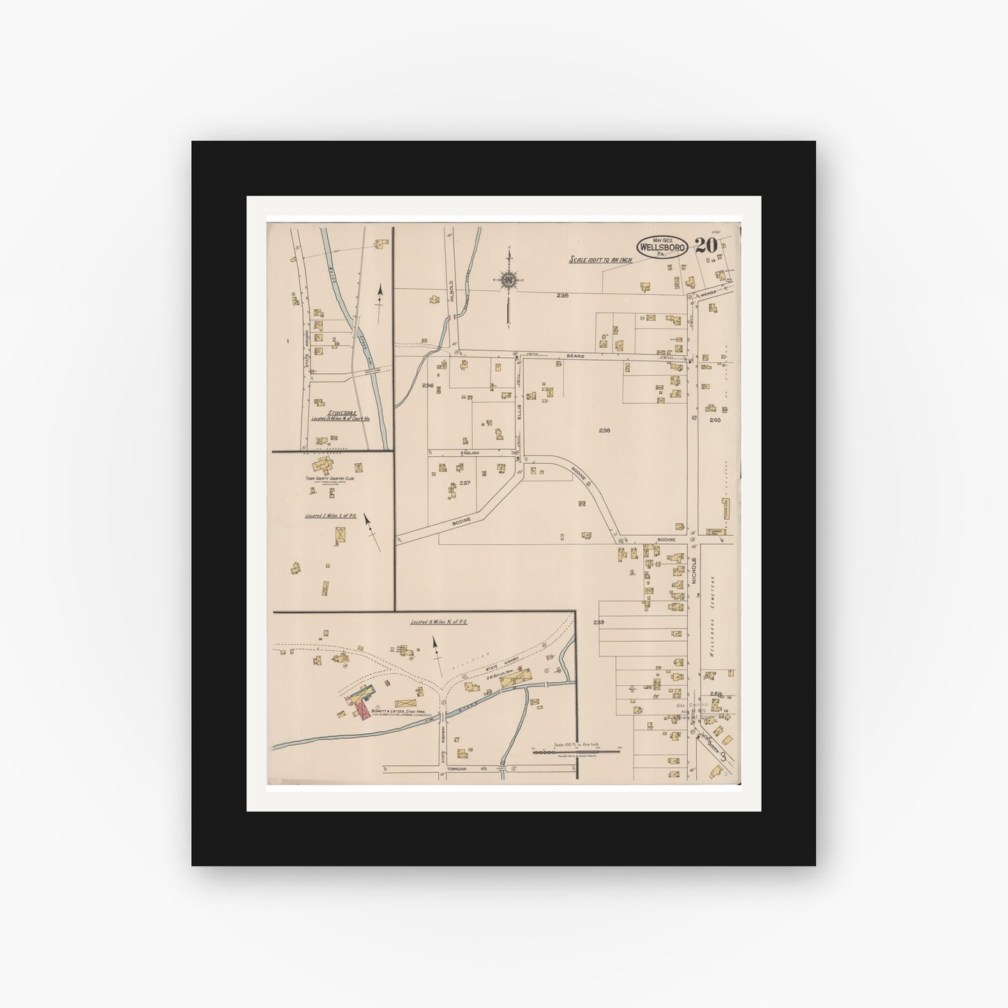 Old map wall art mockup — black gallery frame with white mat — Sanborn Fire Insurance Map from Wellsboro, Tioga County, Pennsylvania (1922), Sheet #0020