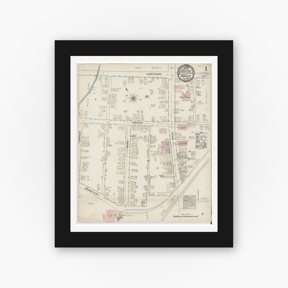 Old map wall art mockup — black gallery frame with white mat — Sanborn Fire Insurance Map from Ashley, Luzerne County, Pennsylvania (1884) - Complete Map Set