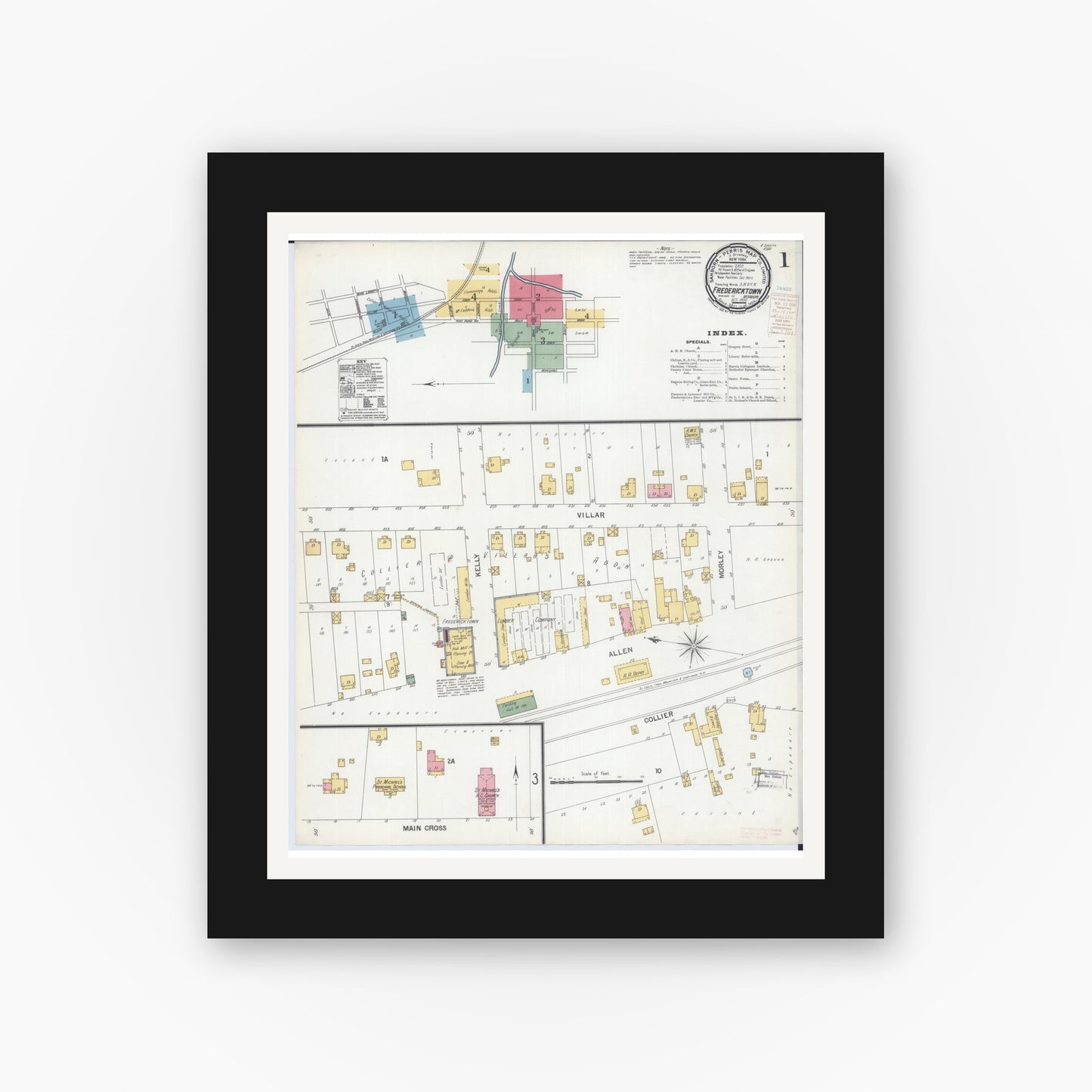 Old map wall art mockup — black gallery frame with white mat — Sanborn Fire Insurance Map from Fredericktown, Madison County, Missouri (1900) - Complete Map Set