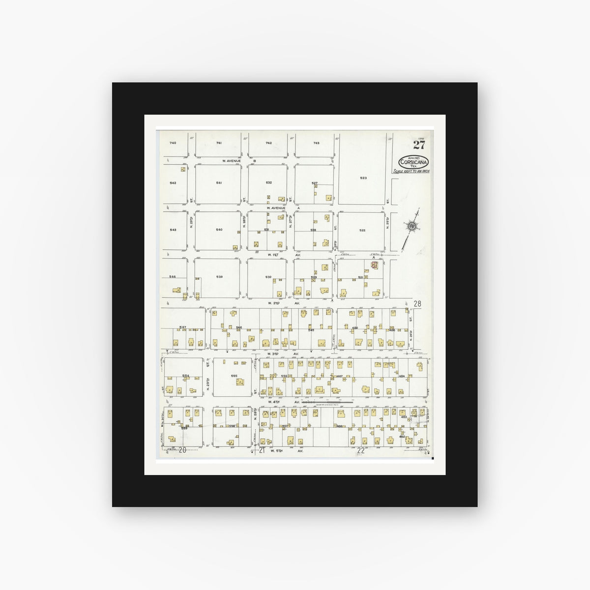 Old map wall art mockup — black gallery frame with white mat — Sanborn Fire Insurance Map from Corsicana, Navarro County, Texas (1921), Sheet #0027