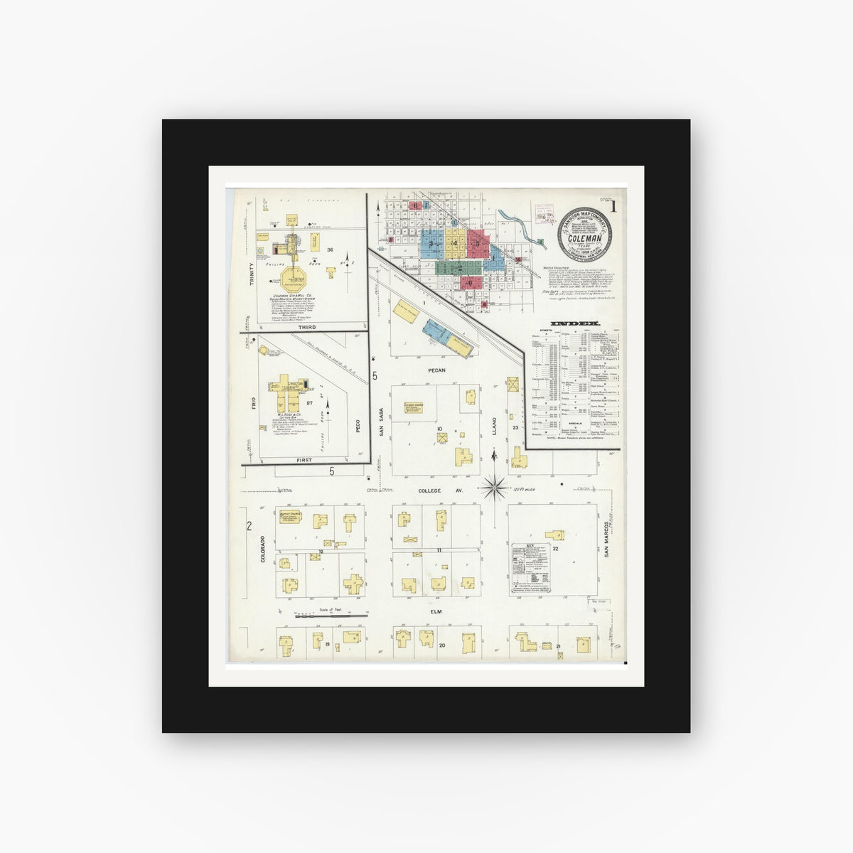 Old map wall art mockup — black gallery frame with white mat — Sanborn Fire Insurance Map from Coleman, Coleman County, Texas (1909) - Complete Map Set