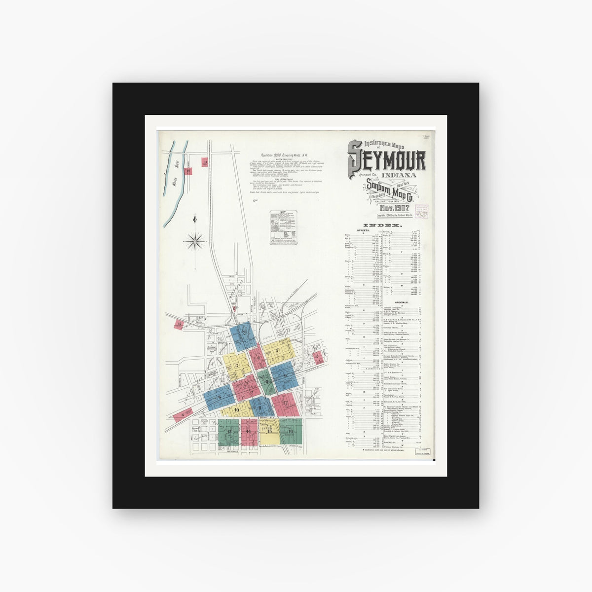 Old map wall art mockup — black gallery frame with white mat — Sanborn Fire Insurance Map from Seymour, Jackson County, Indiana (1907), Sheet #0001