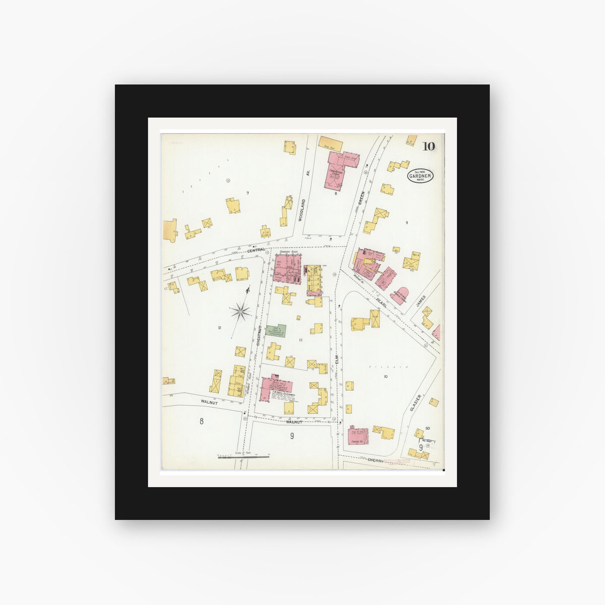 Old map wall art mockup — black gallery frame with white mat — Sanborn Fire Insurance Map from Gardner, Worcester County, Massachusetts (1900), Sheet #0010