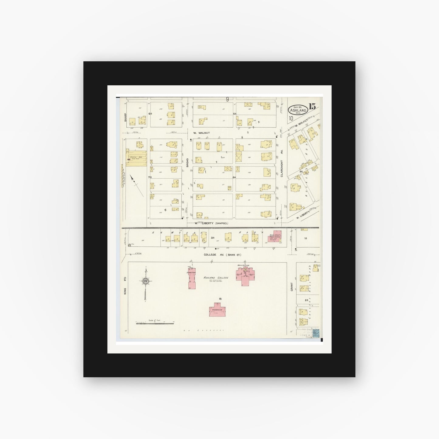Old map wall art mockup — black gallery frame with white mat — Sanborn Fire Insurance Map from Ashland, Ashland County, Ohio (1911), Sheet #0015