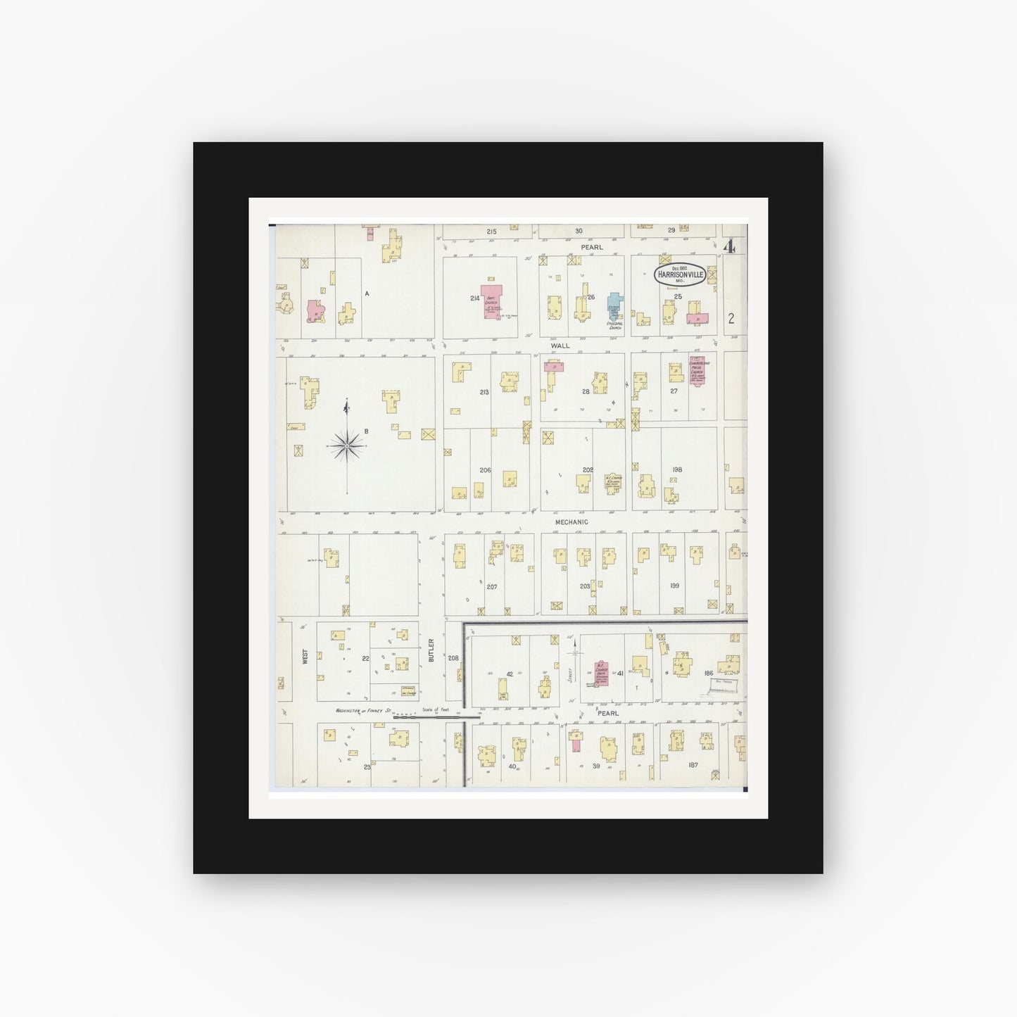 Old map wall art mockup — black gallery frame with white mat — Sanborn Fire Insurance Map from Harrisonville, Cass County, Missouri (1902), Sheet #0004