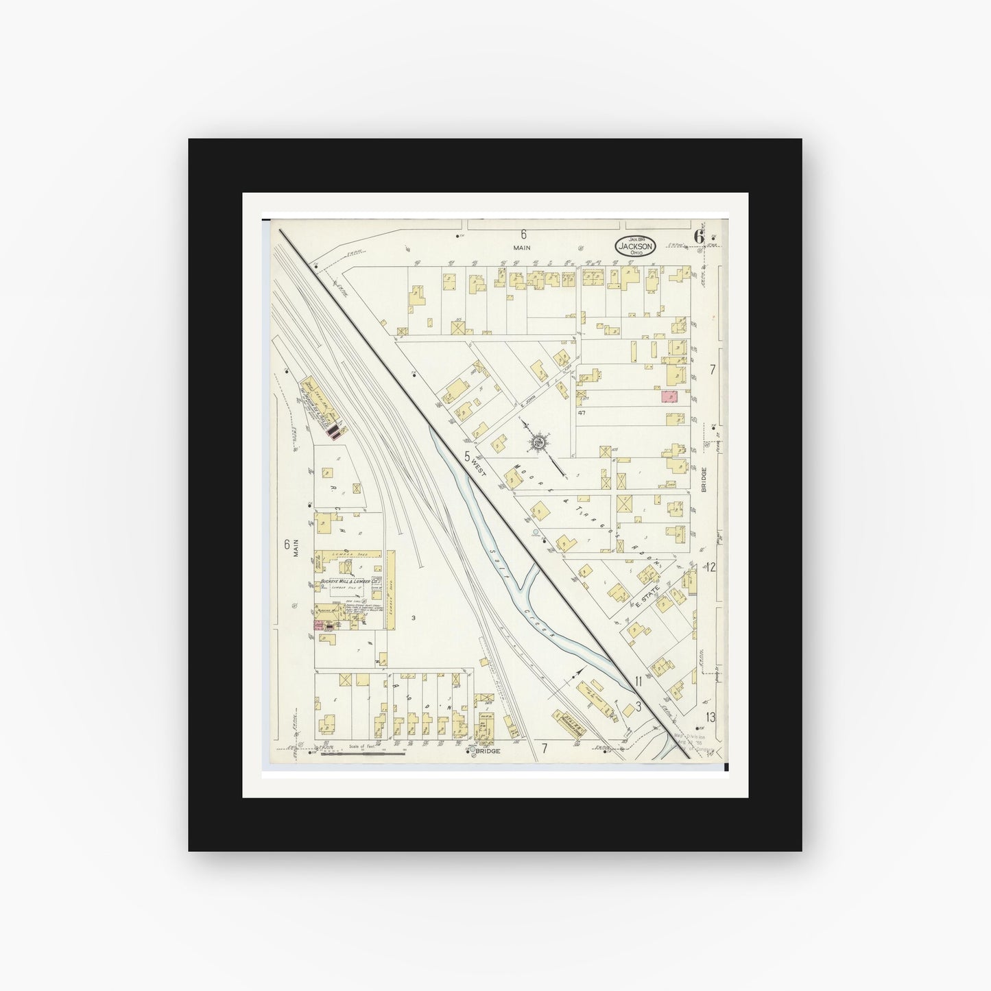 Old map wall art mockup — black gallery frame with white mat — Sanborn Fire Insurance Map from Jackson, Jackson County, Ohio (1914), Sheet #0006