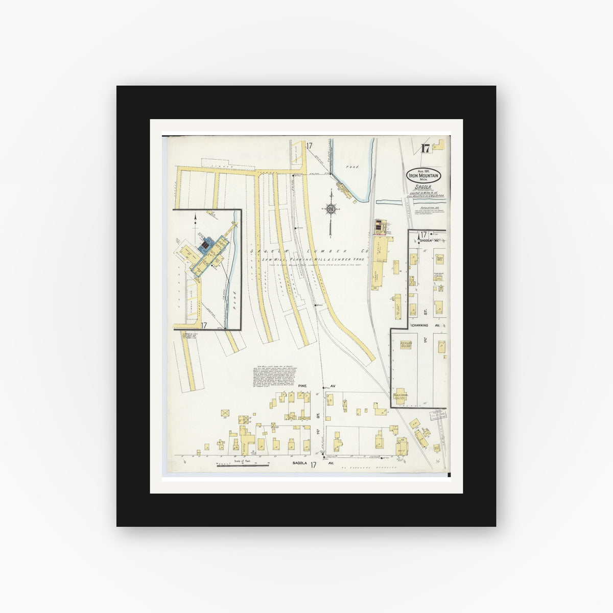 Old map wall art mockup — black gallery frame with white mat — Sanborn Fire Insurance Map from Iron Mountain, Dickinson County, Michigan (1911), Sheet #0017