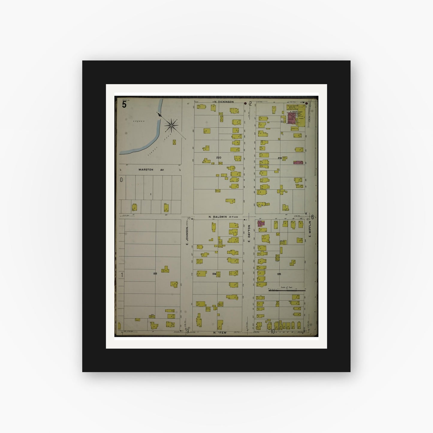 Old map wall art mockup — black gallery frame with white mat — Sanborn Fire Insurance Map from Madison, Dane County, Wisconsin (1908), Sheet #0005