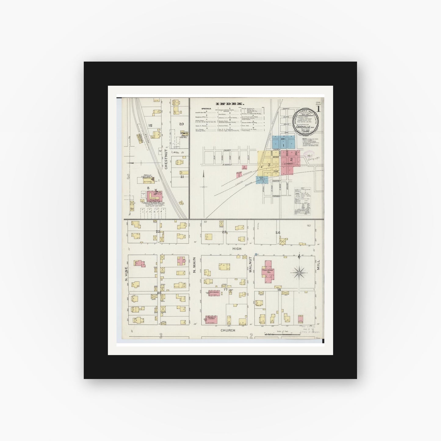 Old map wall art mockup — black gallery frame with white mat — Sanborn Fire Insurance Map from Orrville, Wayne County, Ohio (1893), Sheet #0001