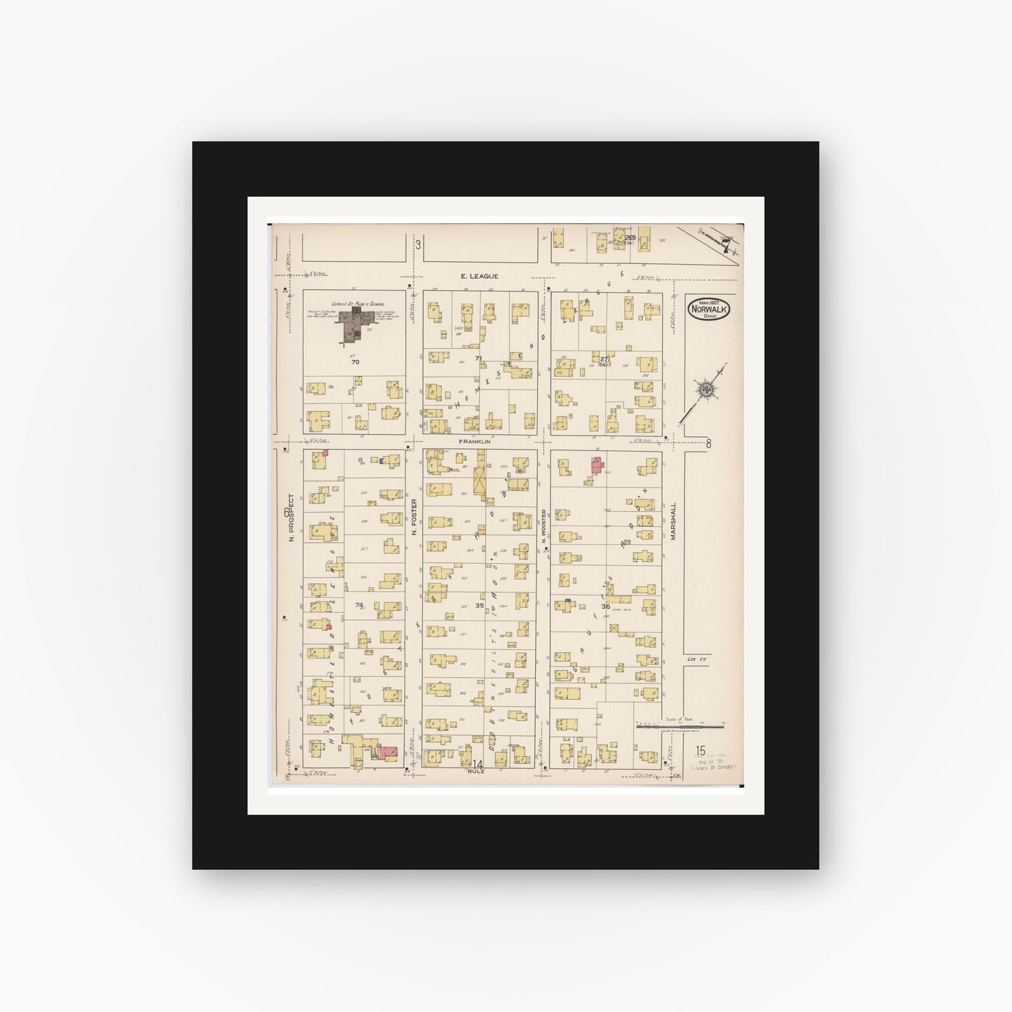 Old map wall art mockup — black gallery frame with white mat — Sanborn Fire Insurance Map from Norwalk, Huron County, Ohio (1922), Sheet #0007