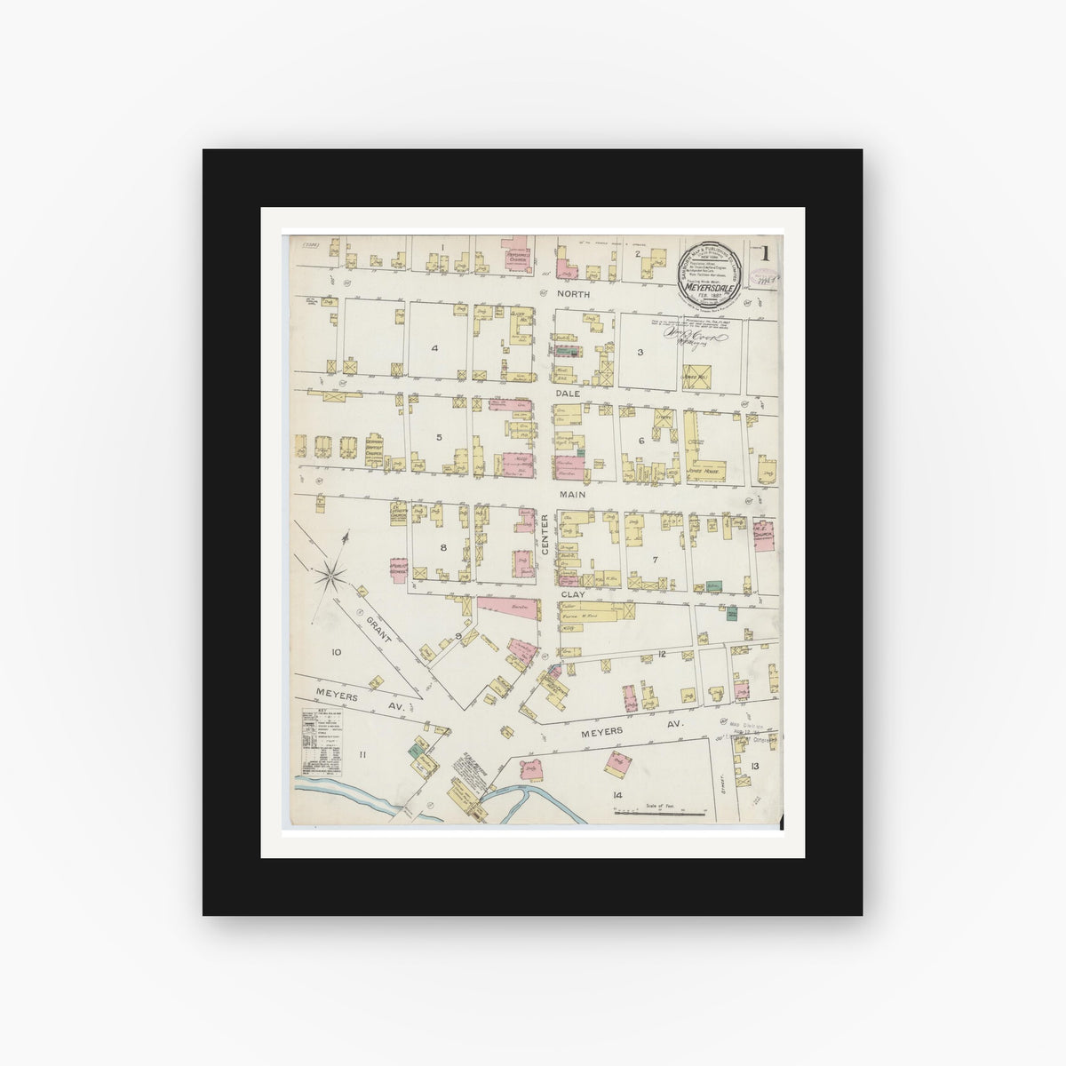 Old map wall art mockup — black gallery frame with white mat — Sanborn Fire Insurance Map from Meyersdale, Somerset County, Pennsylvania (1887), Sheet #0001