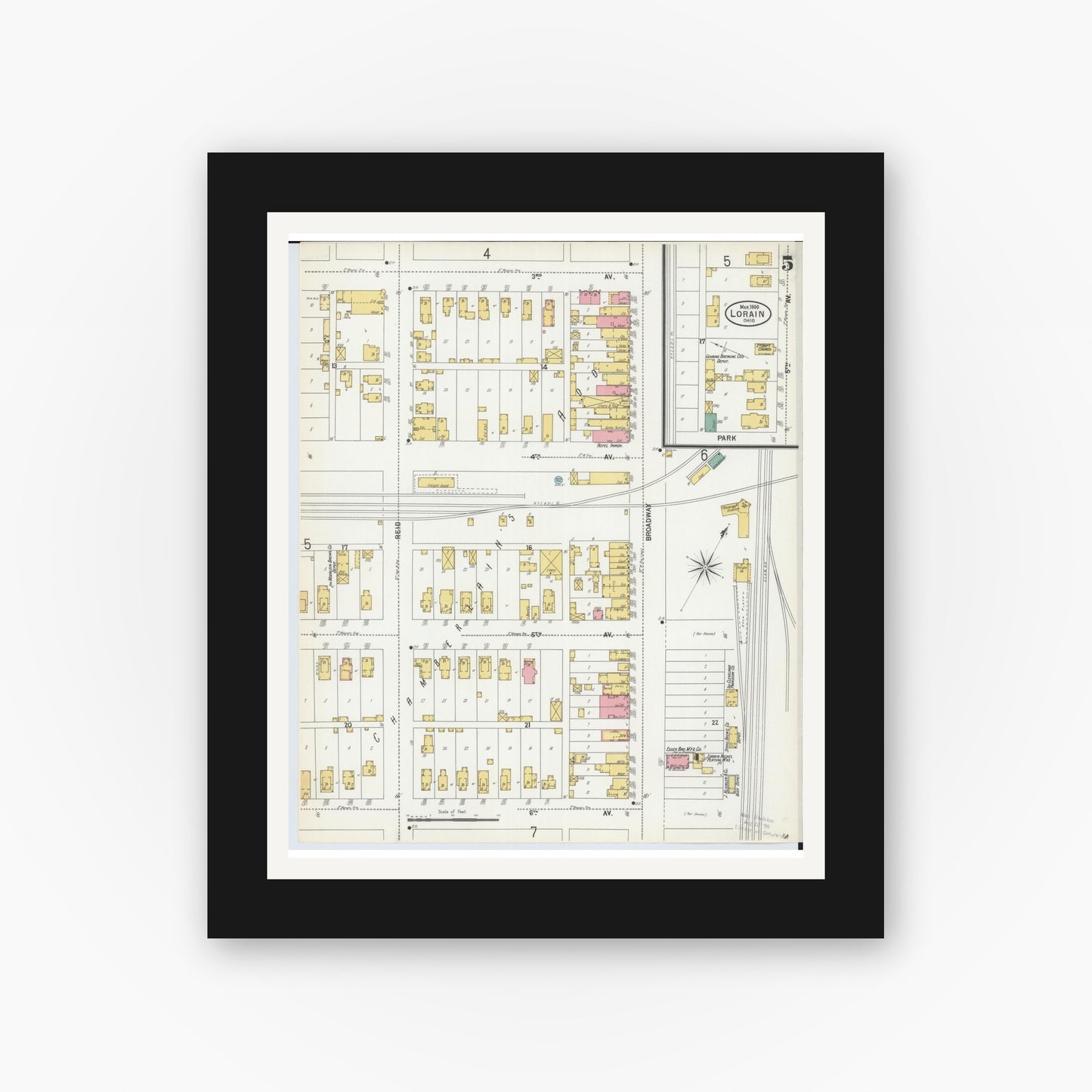 Old map wall art mockup — black gallery frame with white mat — Sanborn Fire Insurance Map from Lorain, Lorain County, Ohio (1900), Sheet #0005