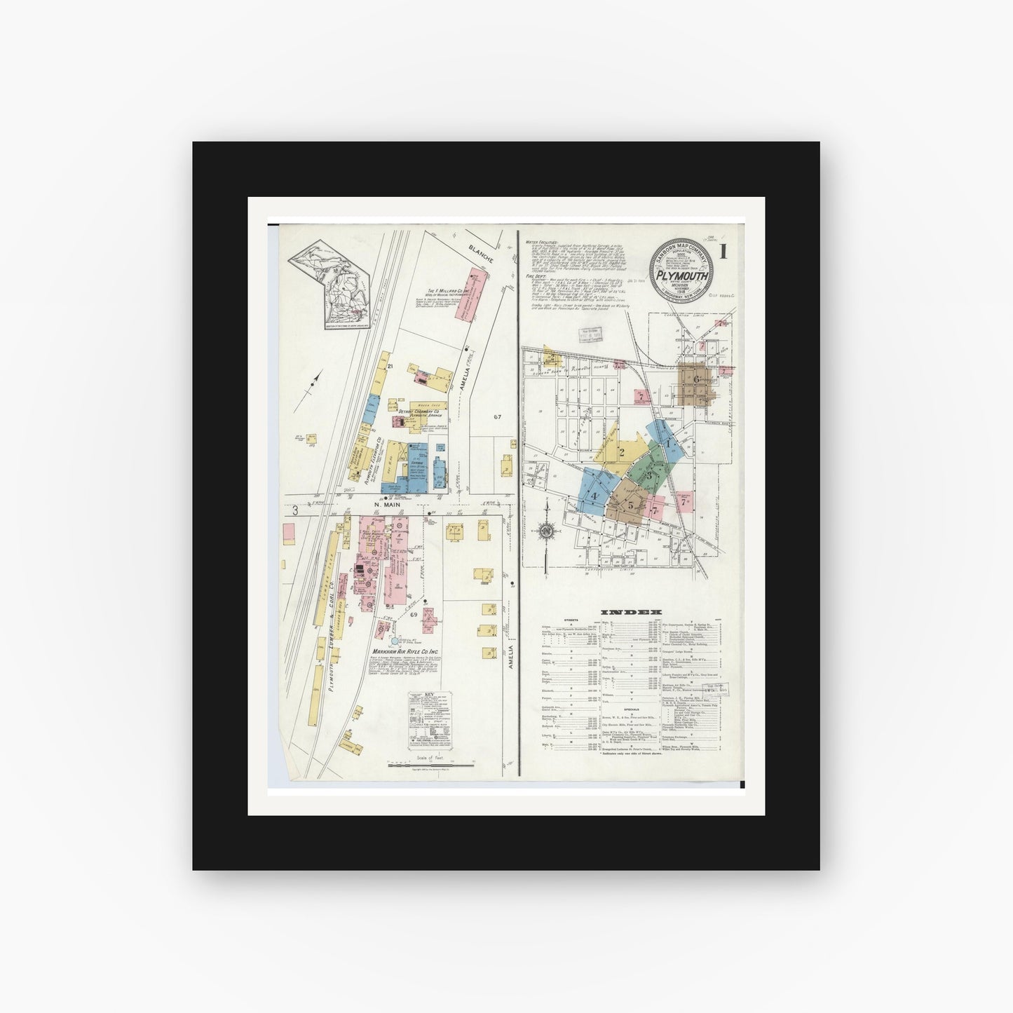 Old map wall art mockup — black gallery frame with white mat — Sanborn Fire Insurance Map from Plymouth, Wayne County, Michigan (1918) - Complete Map Set