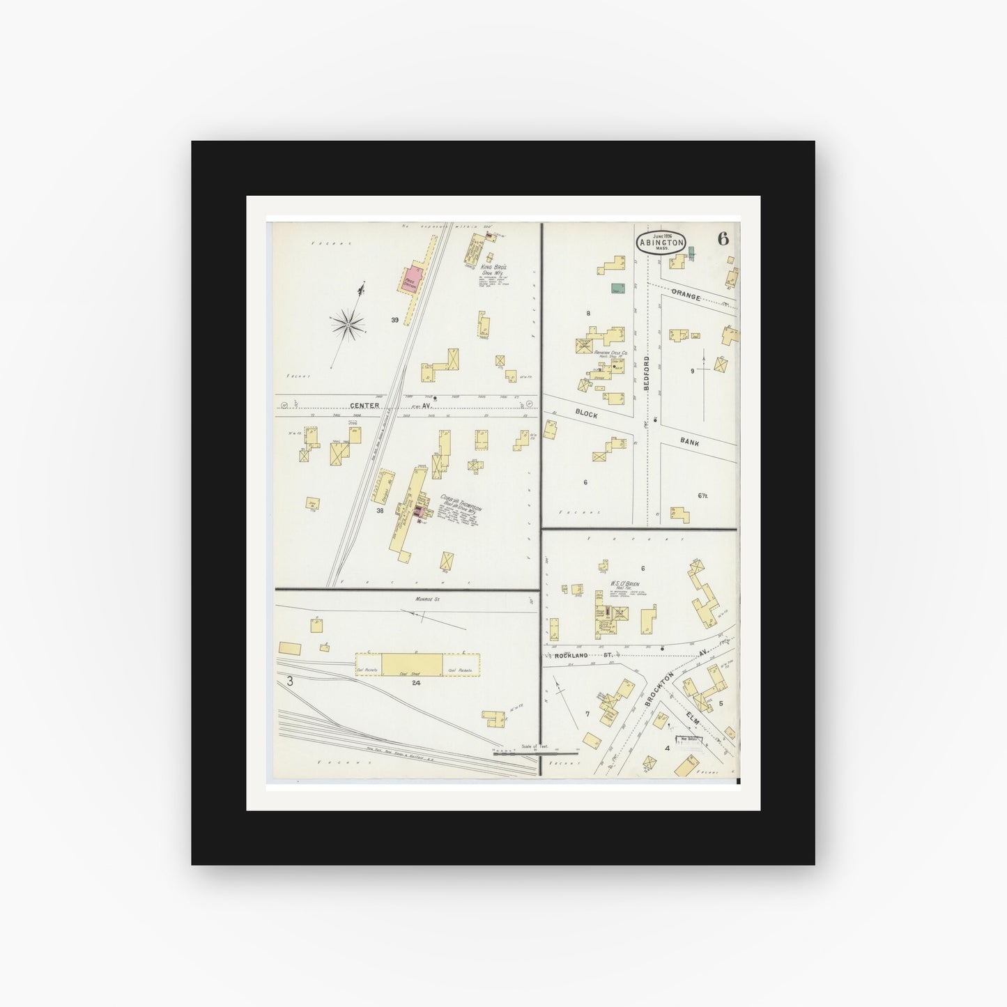 Old map wall art mockup — black gallery frame with white mat — Sanborn Fire Insurance Map from Abington, Plymouth County, Massachusetts (1896), Sheet #0006