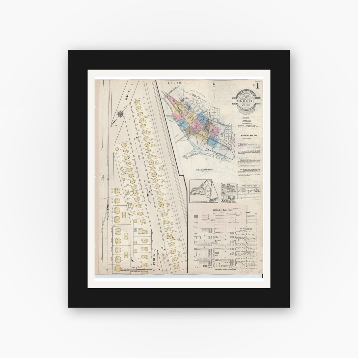 Old map wall art mockup — black gallery frame with white mat — Sanborn Fire Insurance Map from Painted Post, Steuben County, New York (1943) - Complete Map Set