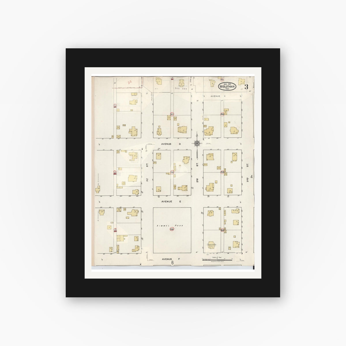 Old map wall art mockup — black gallery frame with white mat — Sanborn Fire Insurance Map from Midlothian, Ellis County, Texas (1944), Sheet #0003