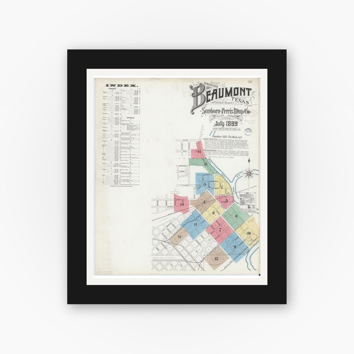Old map wall art mockup — black gallery frame with white mat — Sanborn Fire Insurance Map from Beaumont, Jefferson County, Texas (1899), Sheet #0001