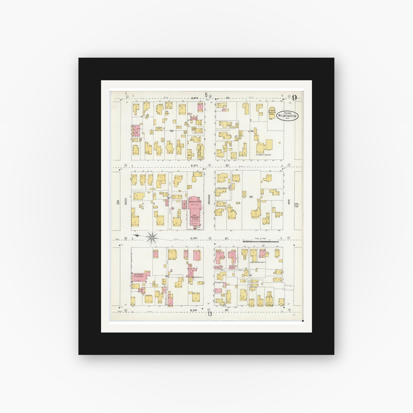 Old map wall art mockup — black gallery frame with white mat — Sanborn Fire Insurance Map from Wilmington, New Hanover County, North Carolina (1904), Sheet #0009