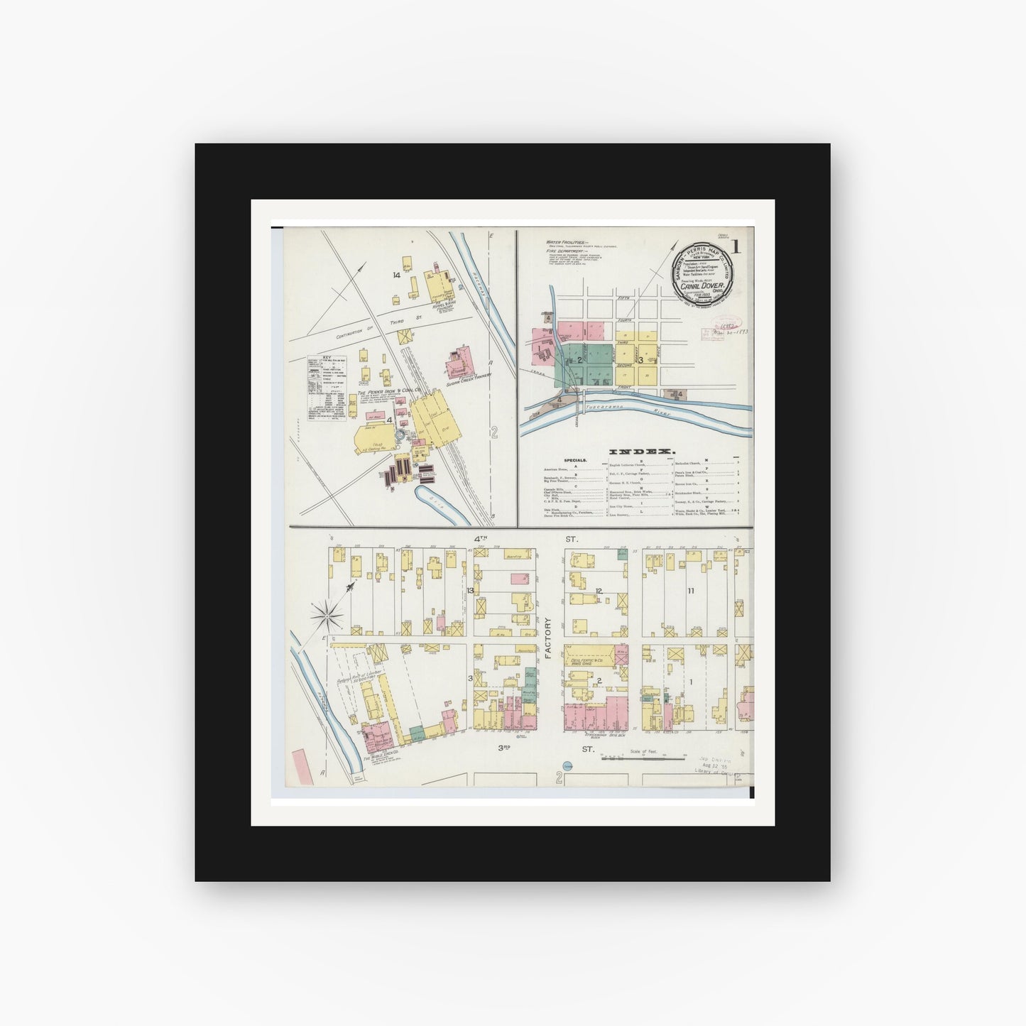 Old map wall art mockup — black gallery frame with white mat — Sanborn Fire Insurance Map from Canal Dover, Tuscarawas County, Ohio (1893) - Complete Map Set