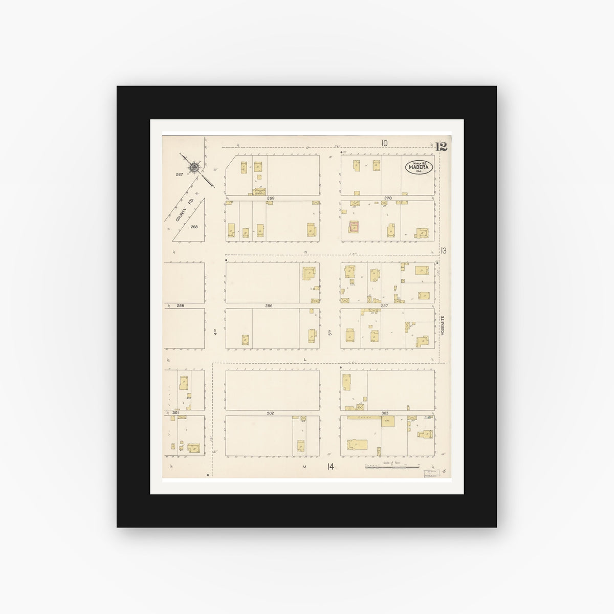 Old map wall art mockup — black gallery frame with white mat — Sanborn Fire Insurance Map from Madera, Madera County, California (1912), Sheet #0012
