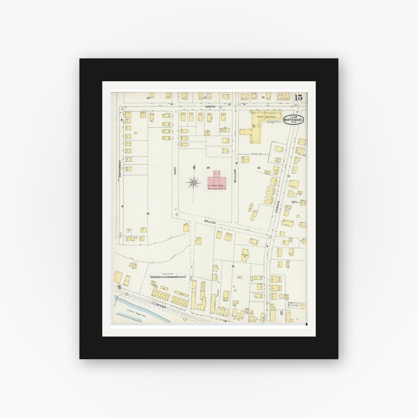 Old map wall art mockup — black gallery frame with white mat — Sanborn Fire Insurance Map from North Adams, Berkshire County, Massachusetts (1897), Sheet #0015