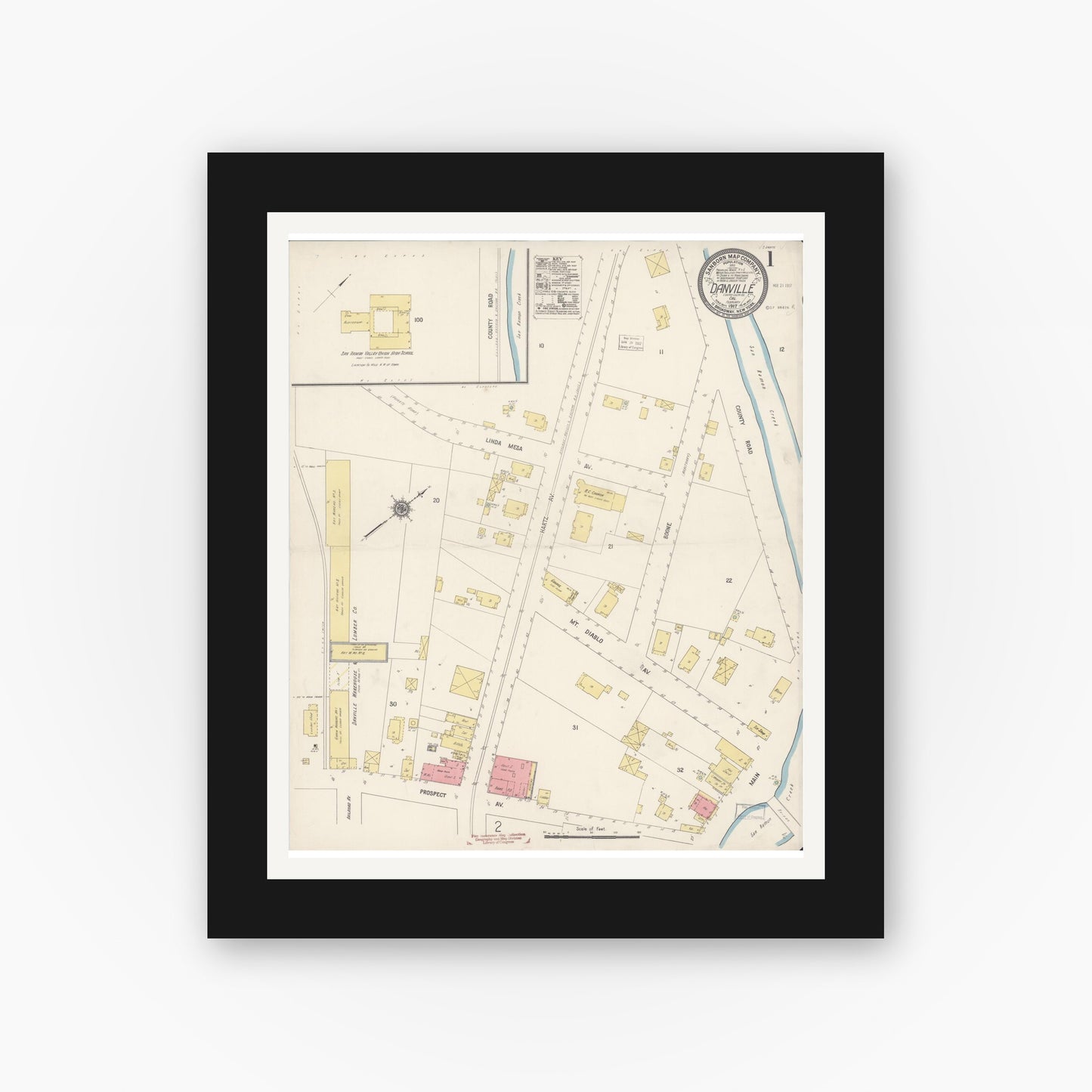 Old map wall art mockup — black gallery frame with white mat — Sanborn Fire Insurance Map from Danville, Contra Costa County, California (1917), Sheet #0001