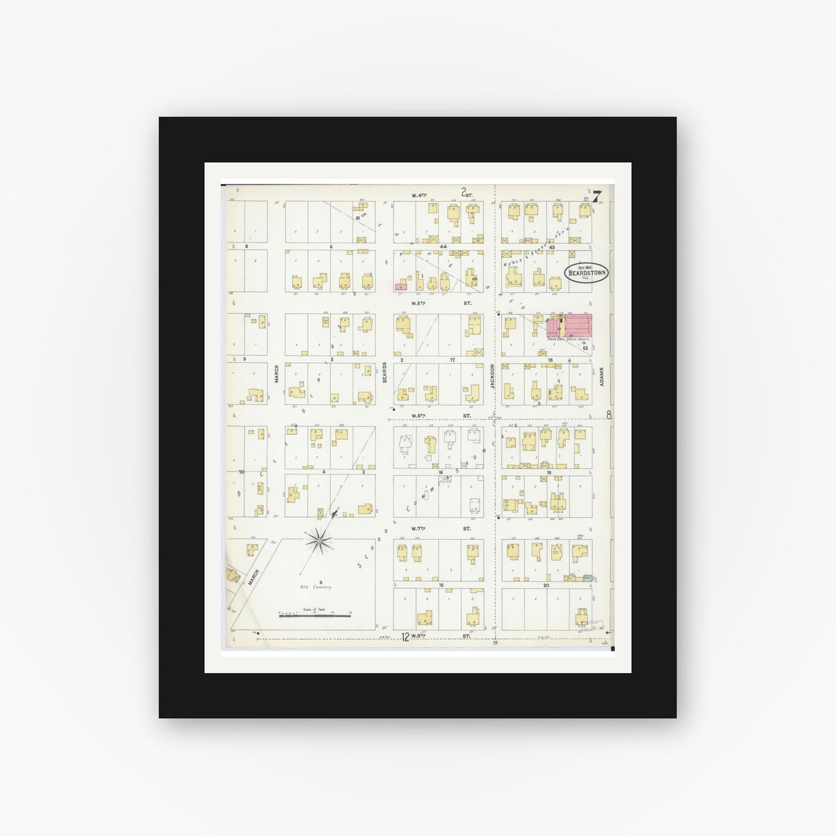 Old map wall art mockup — black gallery frame with white mat — Sanborn Fire Insurance Map from Beardstown, Cass County, Illinois (1906), Sheet #0007
