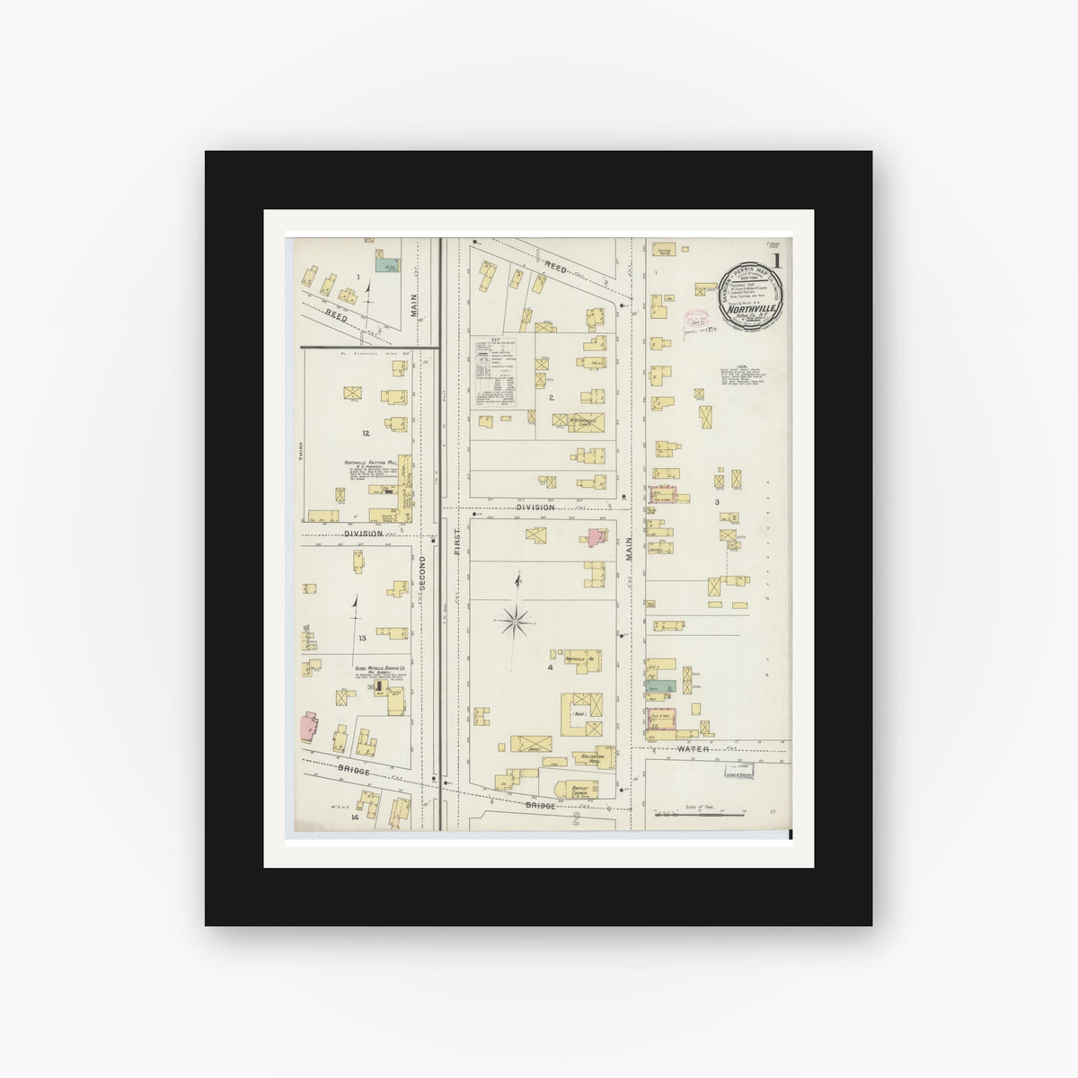 Old map wall art mockup — black gallery frame with white mat — Sanborn Fire Insurance Map from Northville, Fulton County, New York (1894) - Complete Map Set