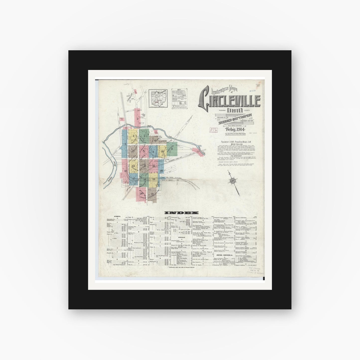 Old map wall art mockup — black gallery frame with white mat — Sanborn Fire Insurance Map from Circleville, Pickaway County, Ohio (1914), Sheet #0001