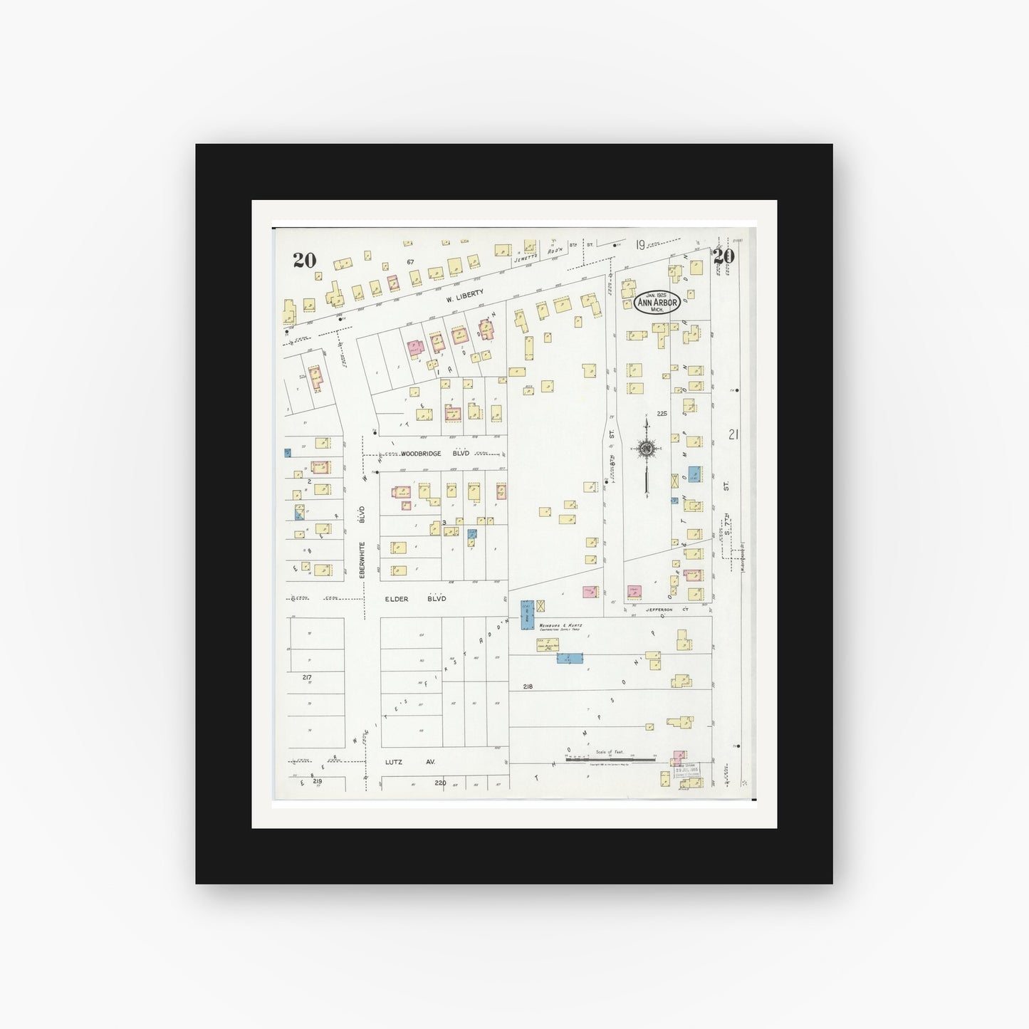 Old map wall art mockup — black gallery frame with white mat — Sanborn Fire Insurance Map from Ann Arbor, Washtenaw County, Michigan (1925), Sheet #0020