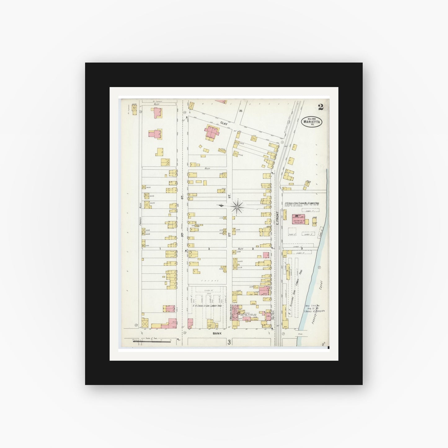 Old map wall art mockup — black gallery frame with white mat — Sanborn Fire Insurance Map from Marietta, Lancaster County, Pennsylvania (1899), Sheet #0002