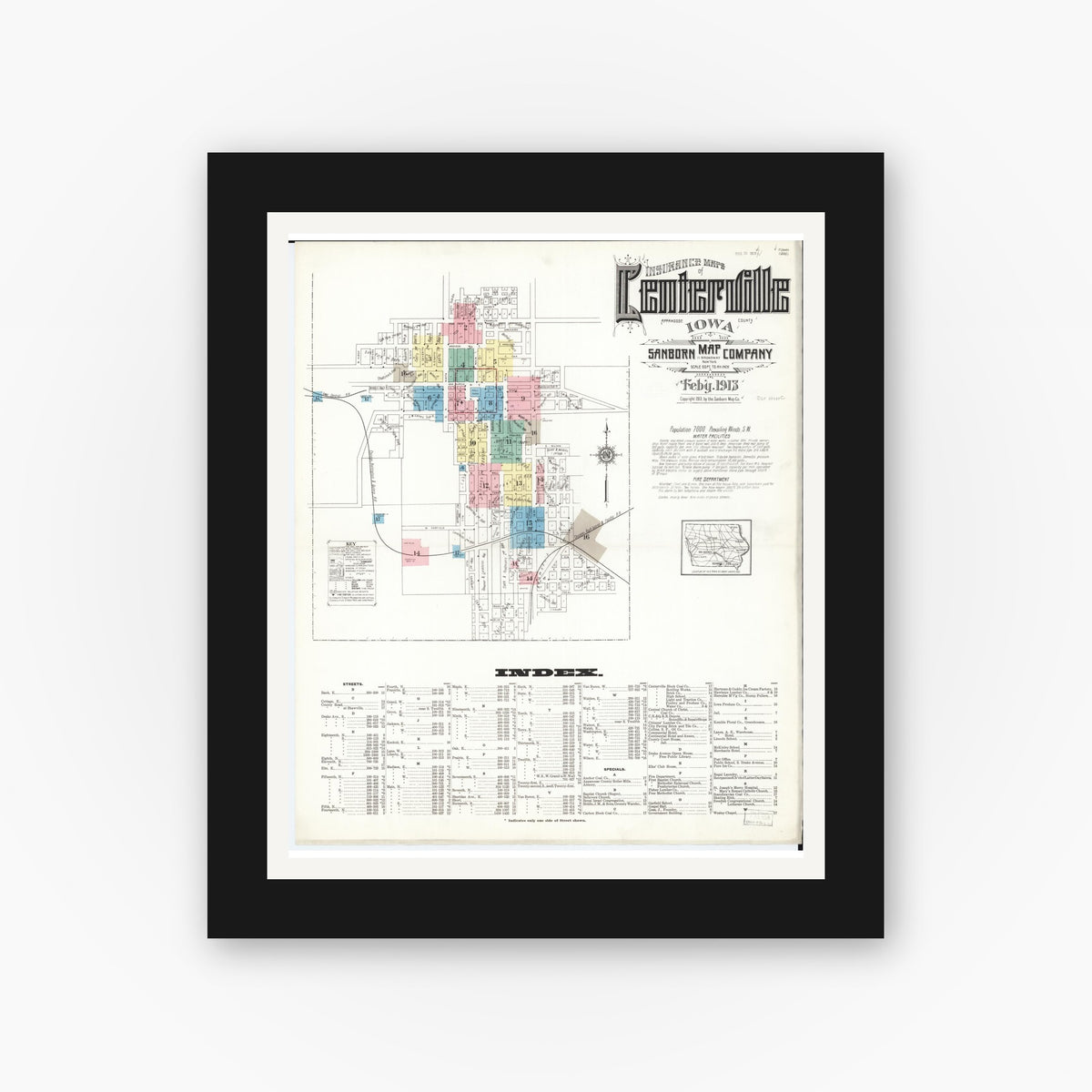 Old map wall art mockup — black gallery frame with white mat — Sanborn Fire Insurance Map from Centerville, Appanoose County, Iowa (1913) — Complete Set