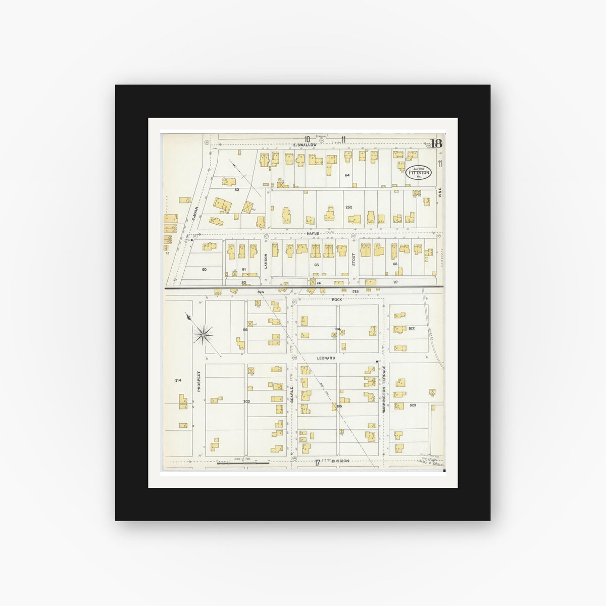 Old map wall art mockup — black gallery frame with white mat — Sanborn Fire Insurance Map from Pittston, Luzerne County, Pennsylvania (1903), Sheet #0018