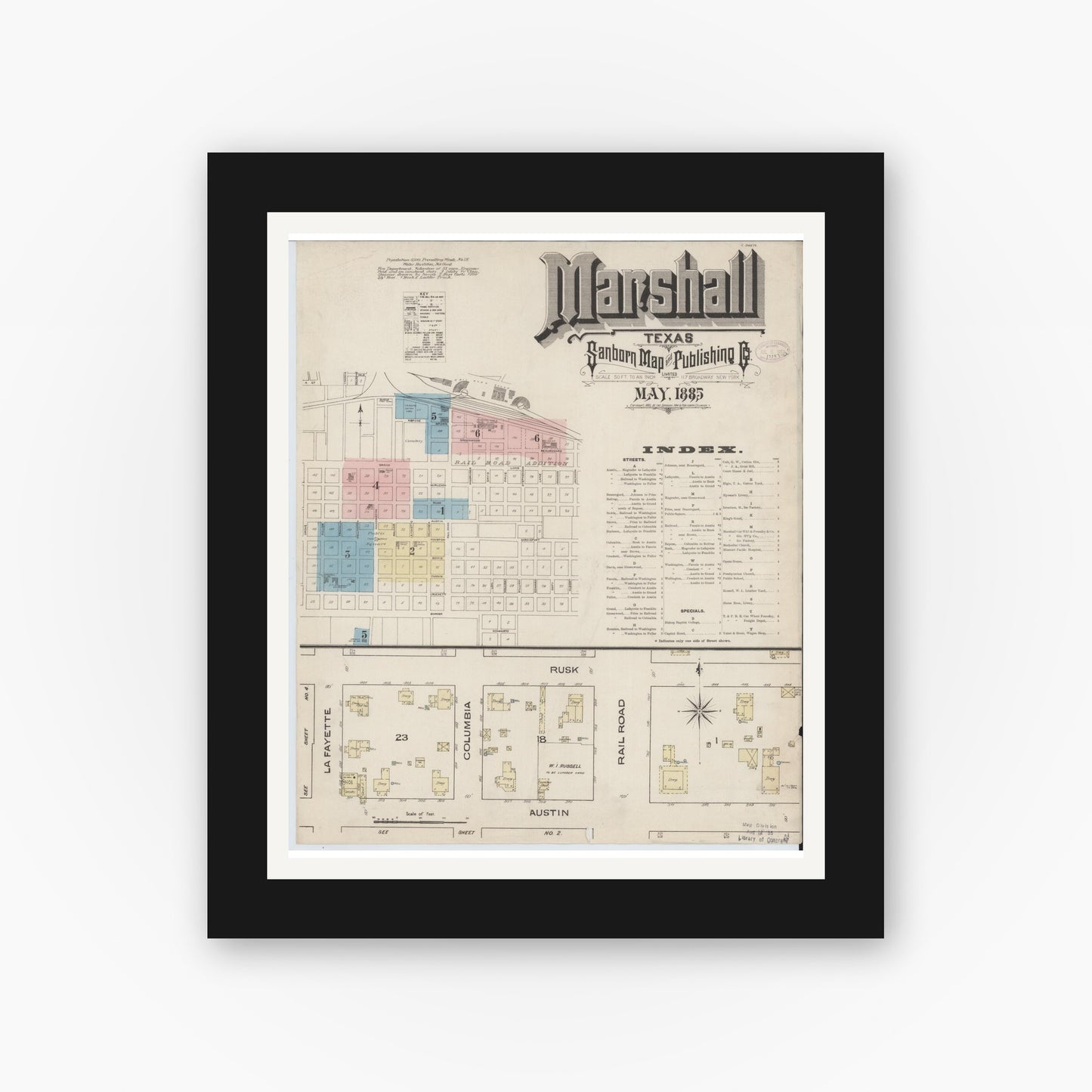 Old map wall art mockup — black gallery frame with white mat — Sanborn Fire Insurance Map from Marshall, Harrison County, Texas (1885), Sheet #0001