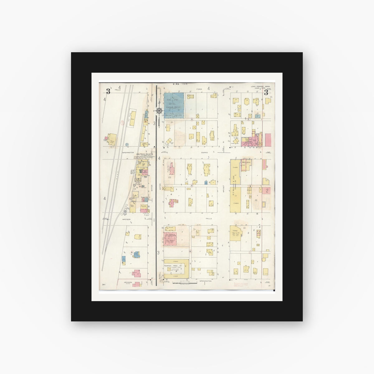 Old map wall art mockup — black gallery frame with white mat — Sanborn Fire Insurance Map from Long Prairie, Todd County, Minnesota (1945), Sheet #0003
