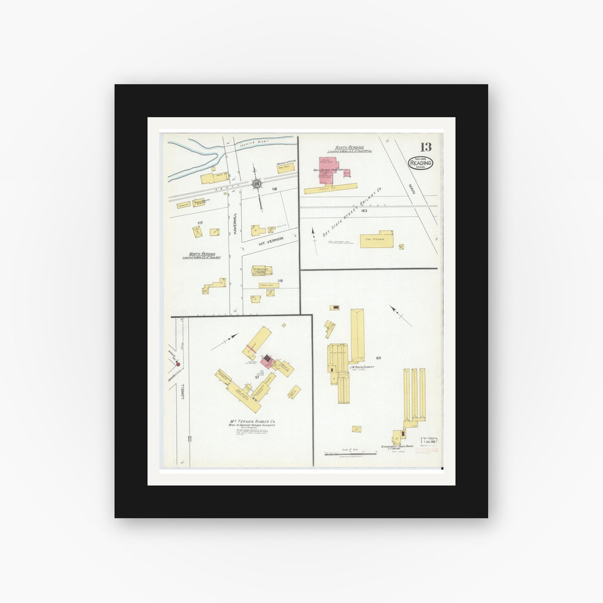 Old map wall art mockup — black gallery frame with white mat — Sanborn Fire Insurance Map from Reading, Middlesex County, Massachusetts (1918), Sheet #0013