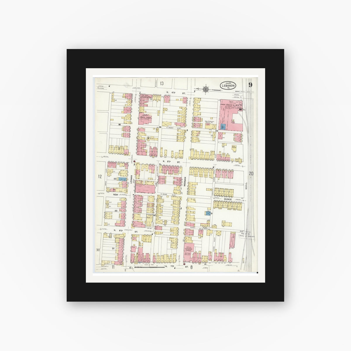 Old map wall art mockup — black gallery frame with white mat — Sanborn Fire Insurance Map from Lebanon, Lebanon County, Pennsylvania (1912), Sheet #0009
